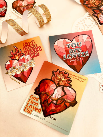 Three Valentine’s Day Cards: Sacred Heart Sticker-by-Number, You Are Loved, and God First Loved Us!