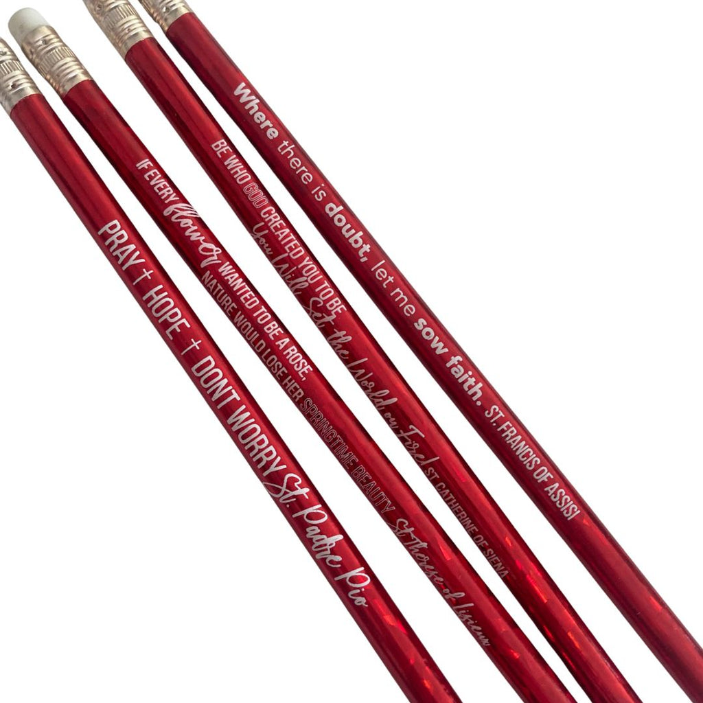 Red Saint Quote Glitter Pencils Catholic Saint Christian inspiration
