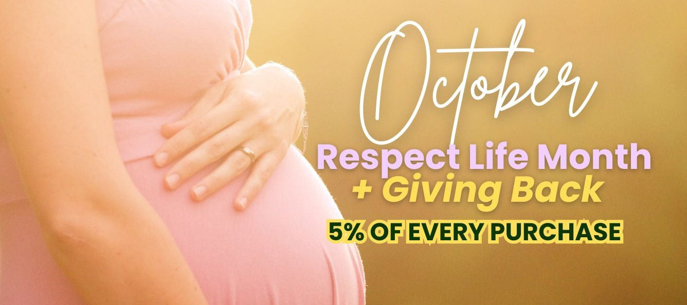 Promotional banner for 'October Respect Life Month + Giving Back' with a pregnant woman and text on a yellow background.