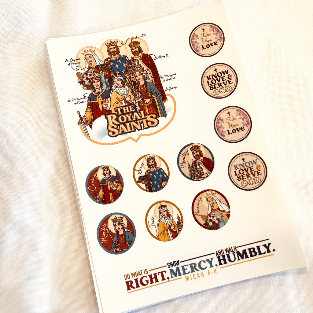 Catholic Halloween stickers, saint stickers for trick-or-treaters, All Saints Day stickers, Halloween alternative Catholic, Royal Saints, faith-based treat bag ideas, virtue stickers, Catholic classroom supplies, pearl sticker sheet