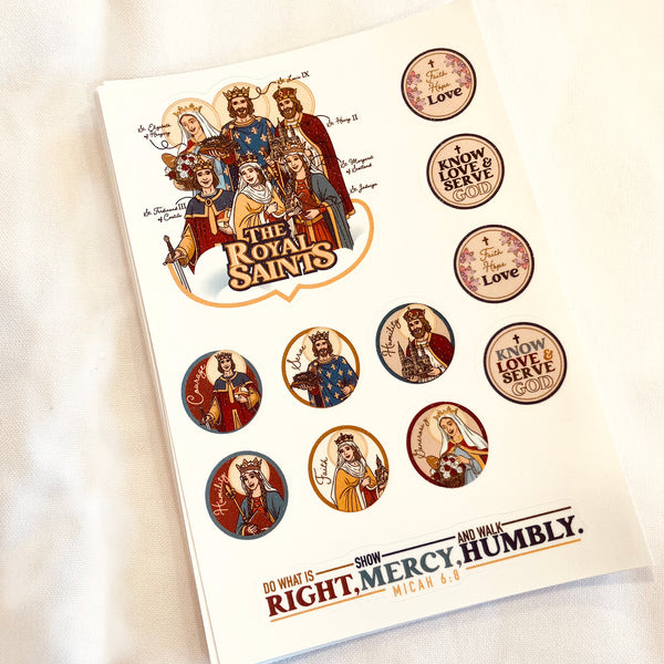 Catholic Halloween stickers, saint stickers for trick-or-treaters, All Saints Day stickers, Halloween alternative Catholic, Royal Saints, faith-based treat bag ideas, virtue stickers, Catholic classroom supplies, pearl sticker sheet