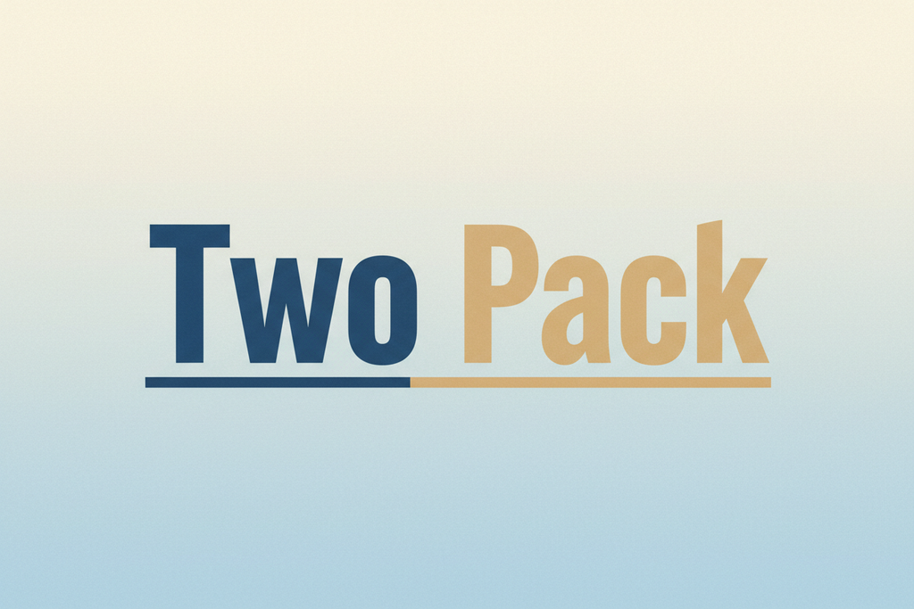 Image that reads "Two pack", using blue and beige, 