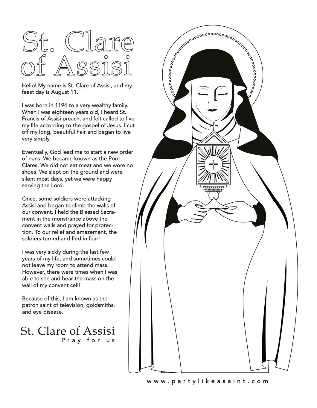 St. Clare of Assisi coloring page and story